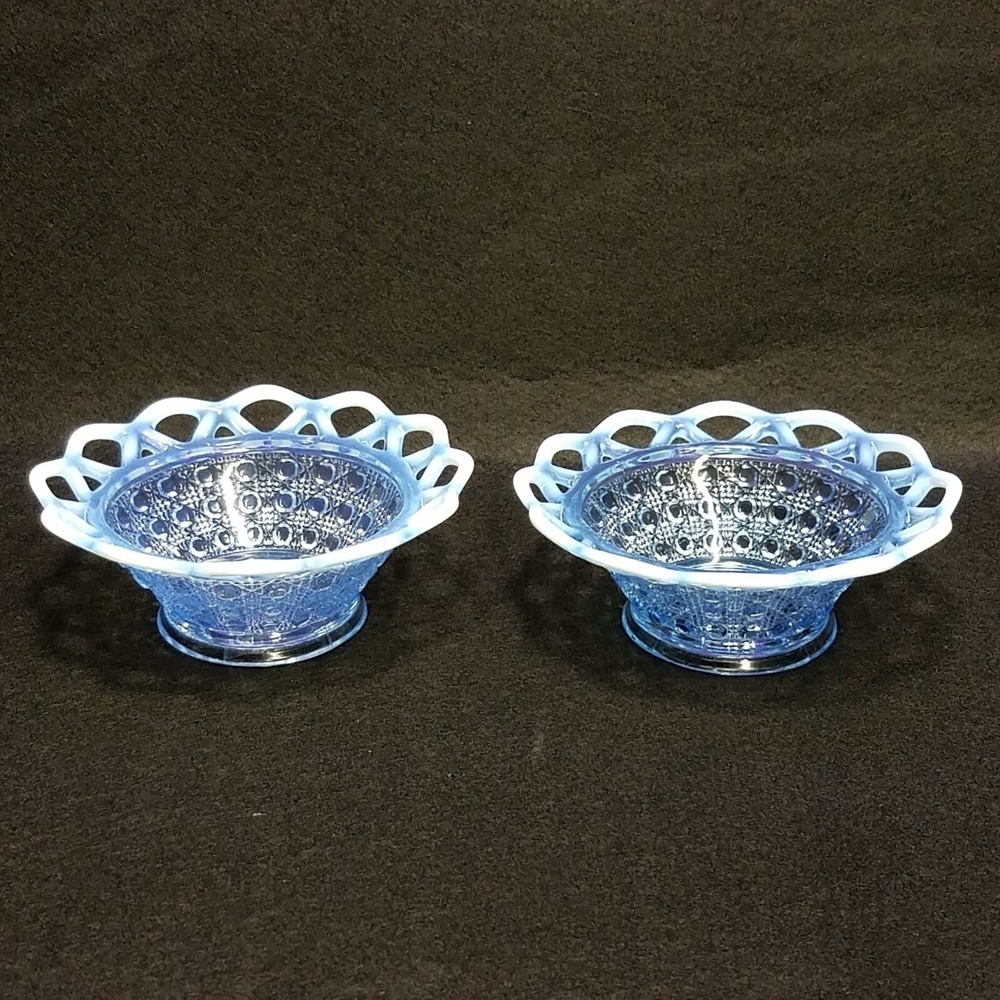 Fenton Vintage Blue Opalescent Glass Open Lace Edge Fruit Bowls Set of 2 6"
